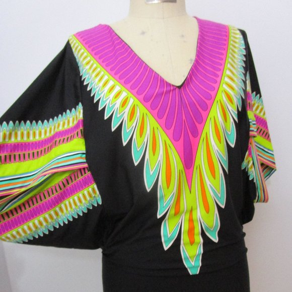 Tunic Dress Swim Coverup Neon Dashiki Print Pink Black Knit Vaca - Picture 1 of 11